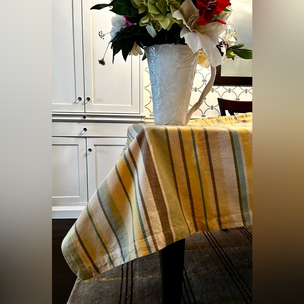 Crate and Barrel Kendall Tablecloth Yellow Stripe 60"x60" 100% cotton